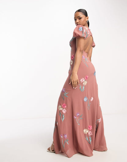Maya puff sleeve embroidered maxi dress in caramel and pink