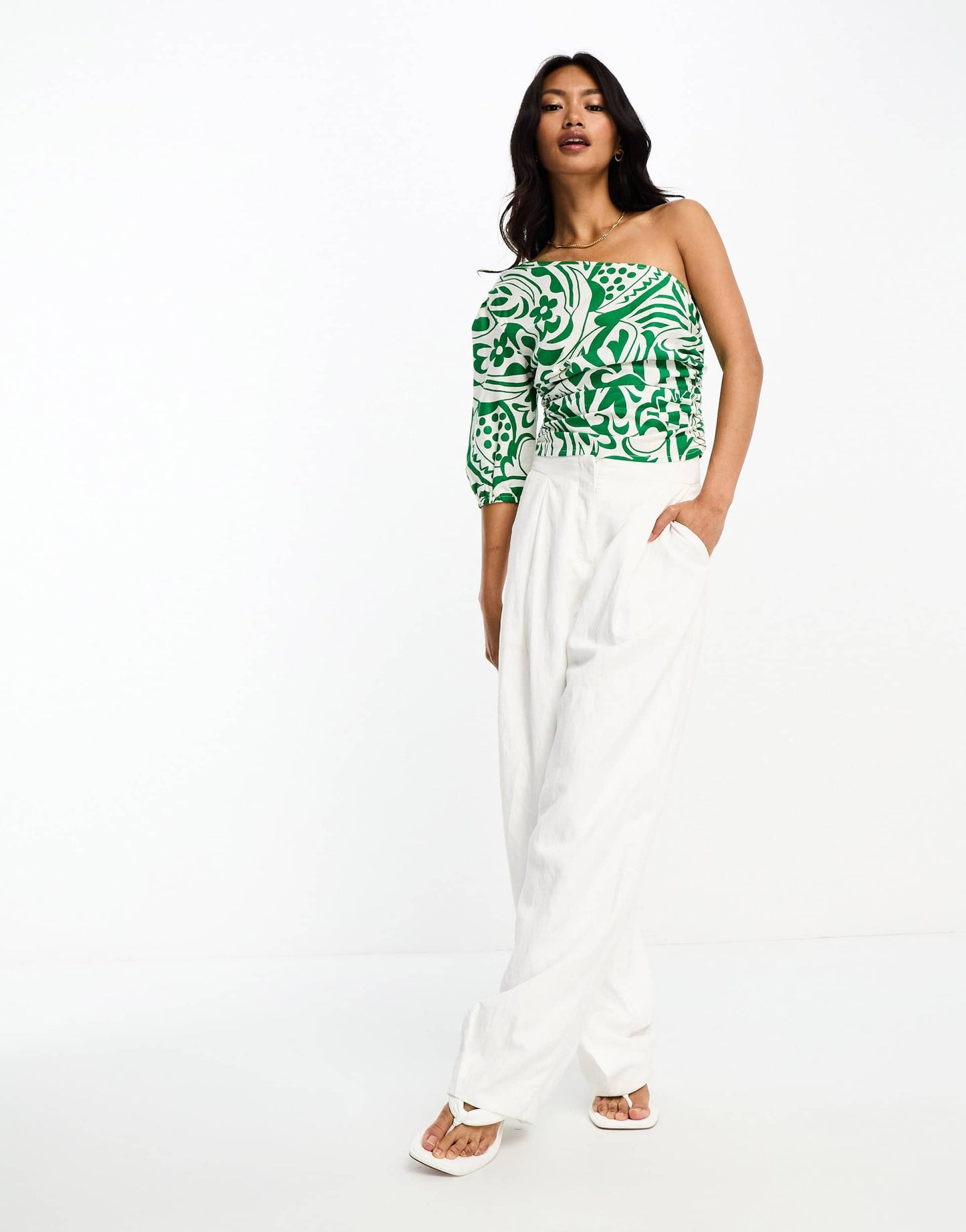 ASOS DESIGN one shoulder top with ruched side in green & cream floral print