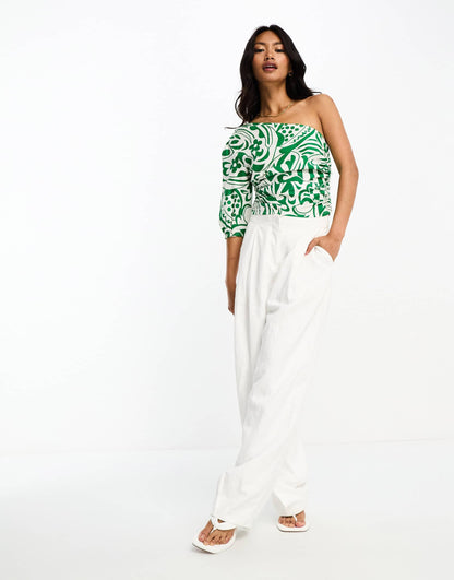 ASOS DESIGN one shoulder top with ruched side in green & cream floral print