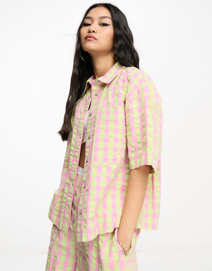 ASOS DESIGN co-ord oversized boxy shirt in pink and green check