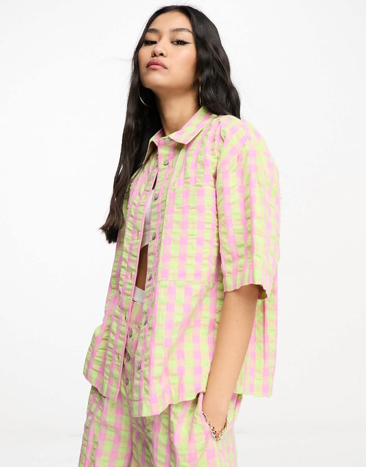 ASOS DESIGN co-ord oversized boxy shirt in pink and green check