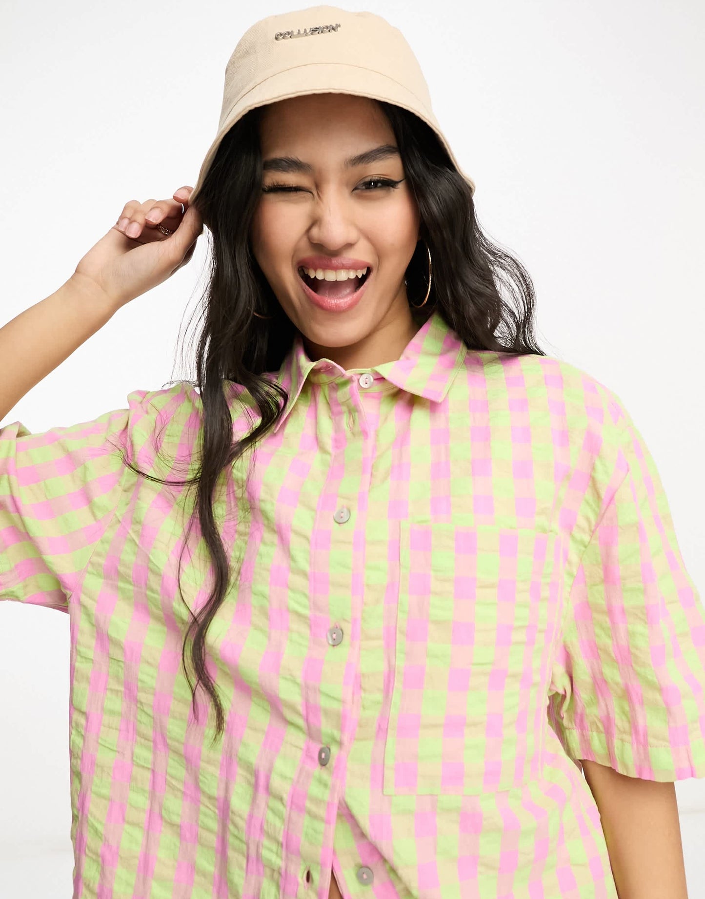 ASOS DESIGN co-ord oversized boxy shirt in pink and green check