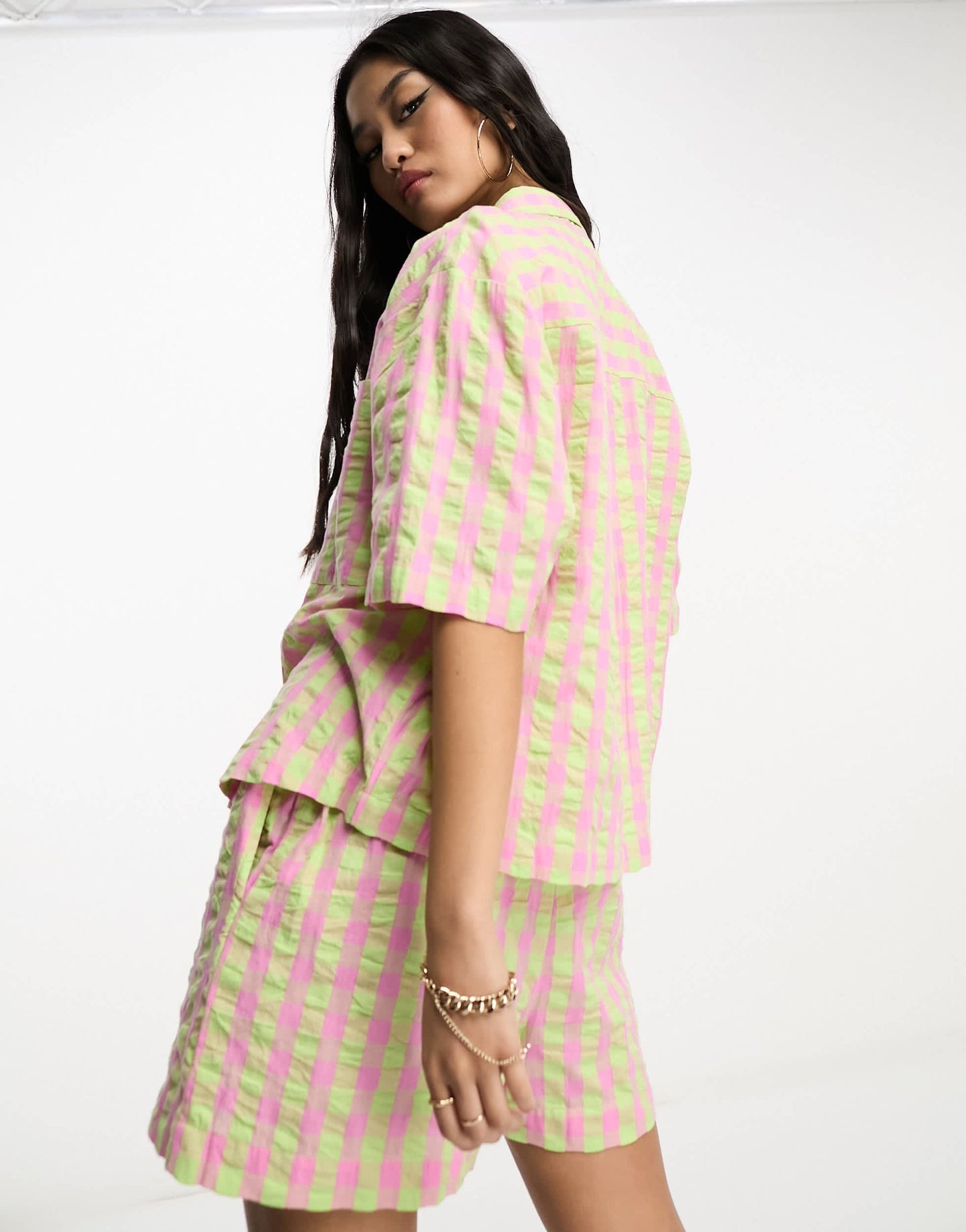 ASOS DESIGN co-ord oversized boxy shirt in pink and green check