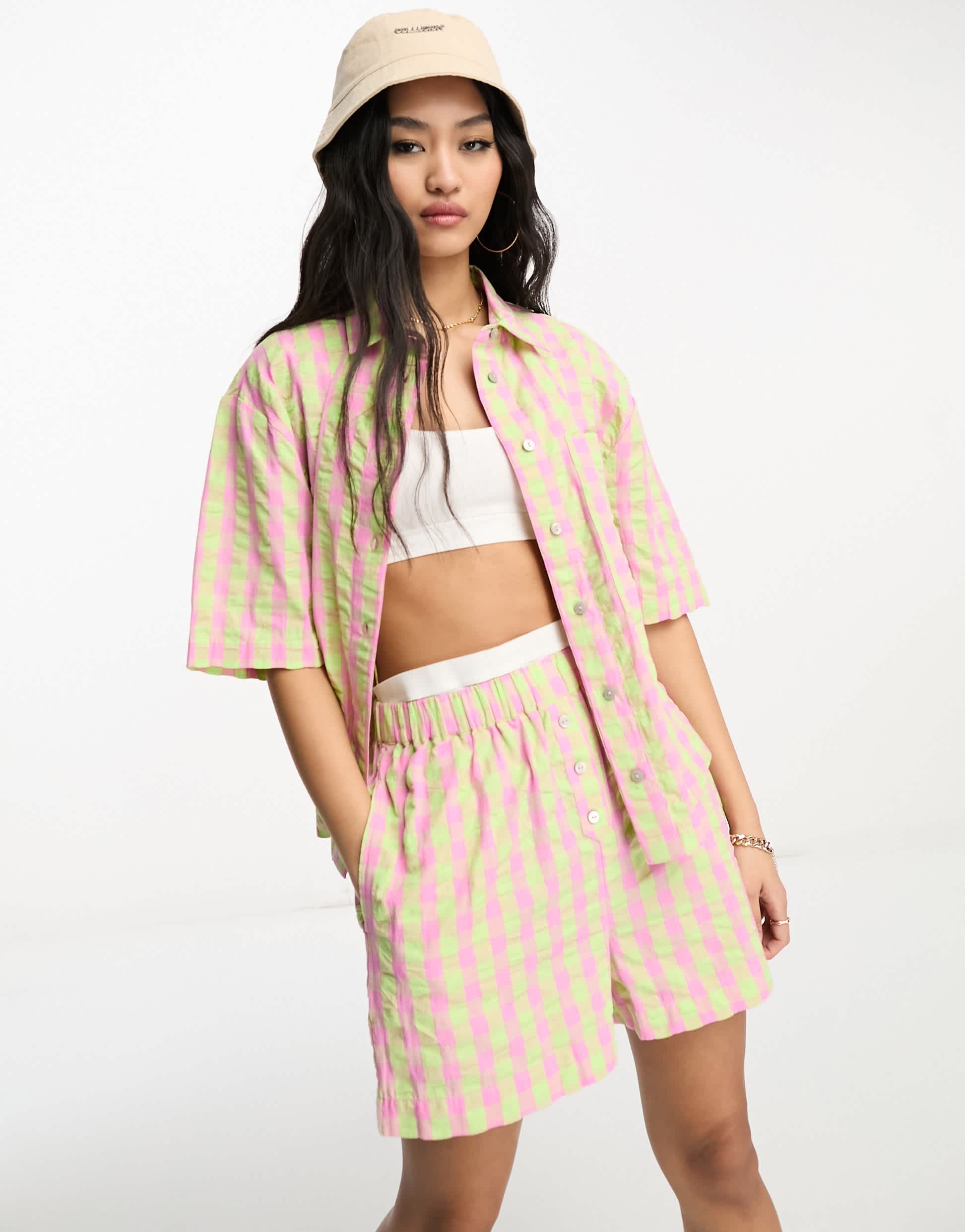 ASOS DESIGN co-ord boxy shorts with buttons in pink and green check