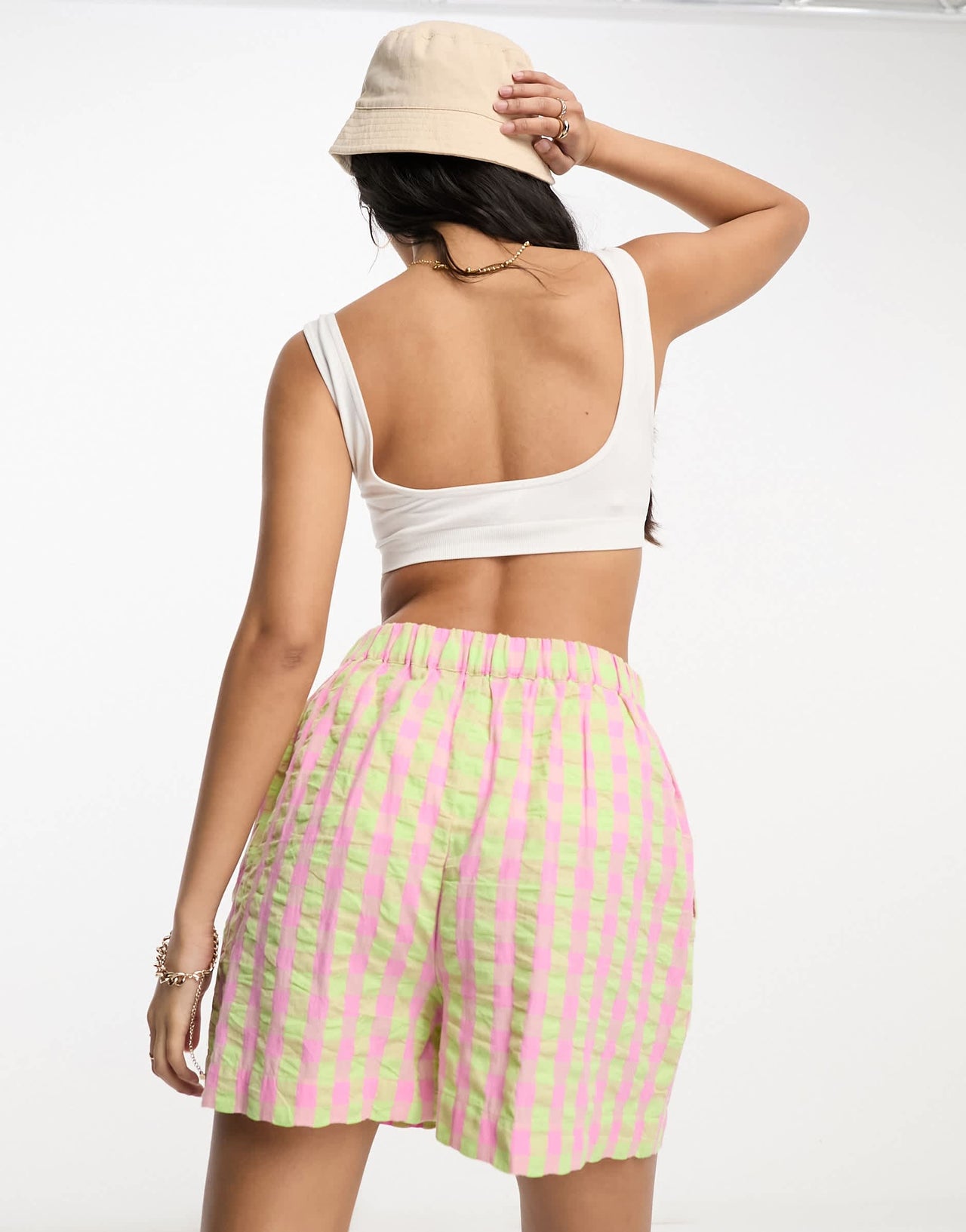 ASOS DESIGN co-ord boxy shorts with buttons in pink and green check