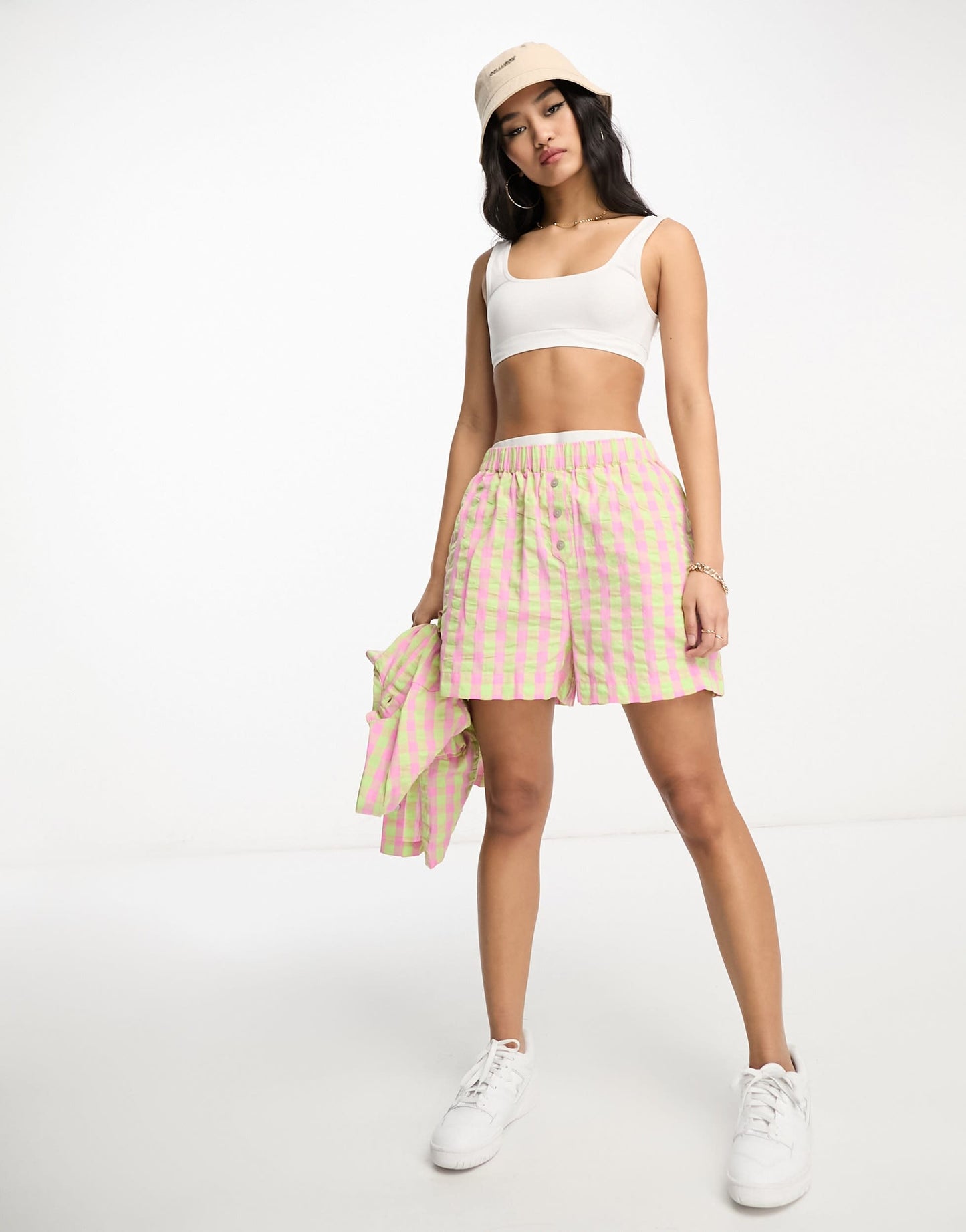 ASOS DESIGN co-ord boxy shorts with buttons in pink and green check