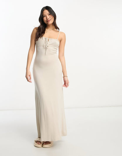 ASOS DESIGN Petite strappy ruched bust midi dress in stone