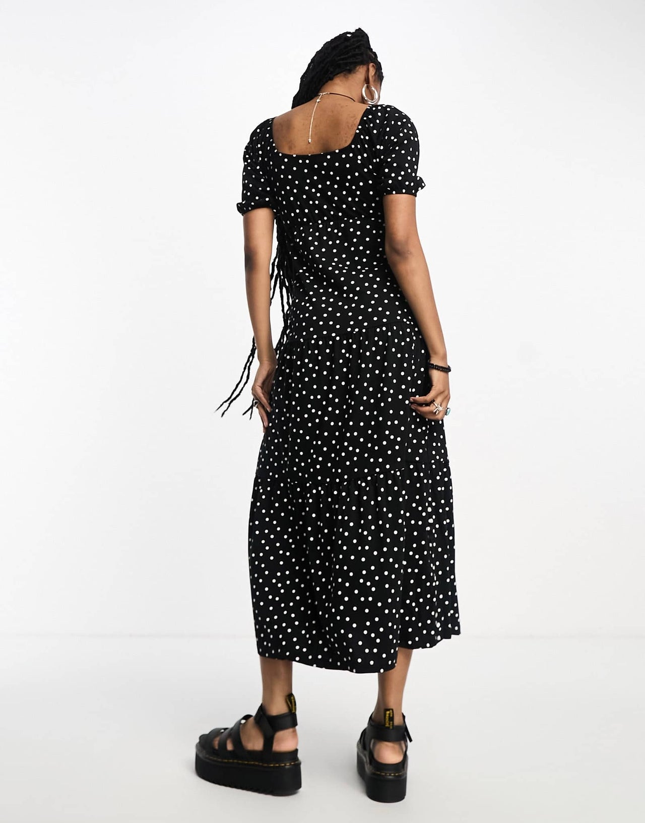 ASOS DESIGN short sleeve wrap tiered midi dress in black base spot