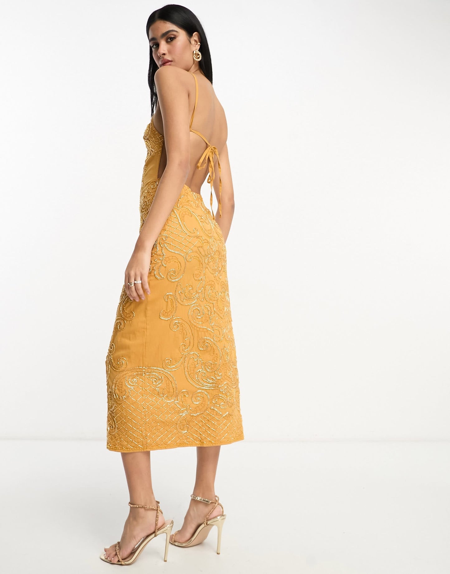 ASOS DESIGN embellished high neck midi dress with mirror beading detail in mustard