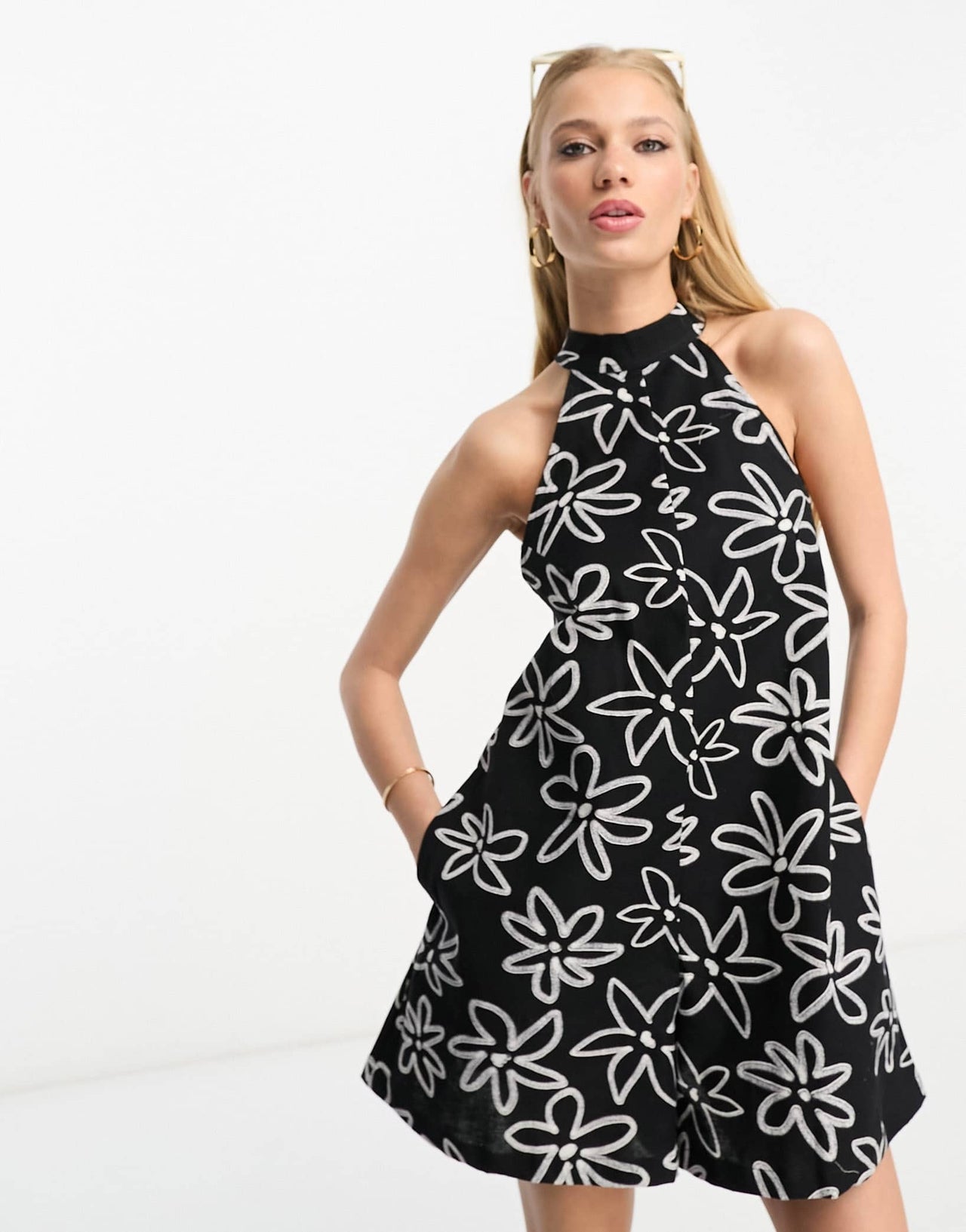 ASOS DESIGN linen look halter a line playsuit in sketchy floral