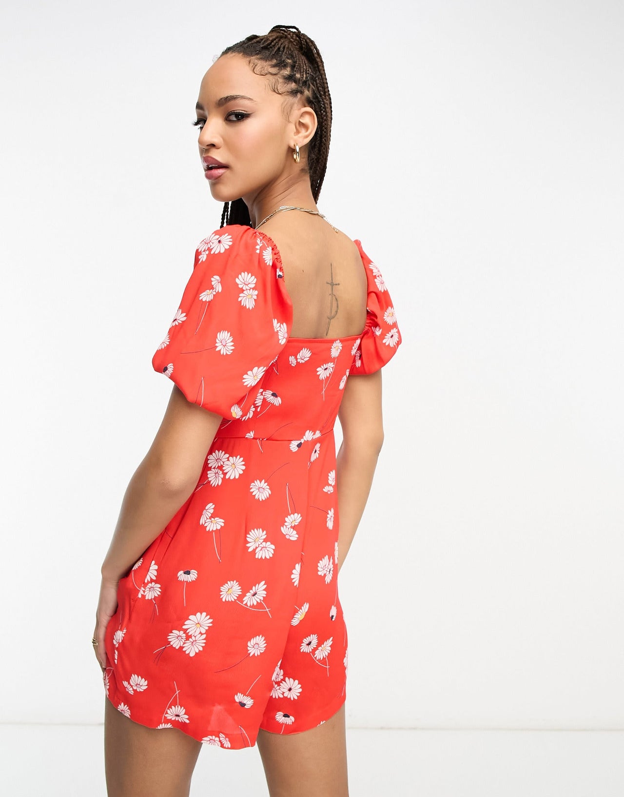 ASOS DESIGN milkmaid playsuit in red daisy print