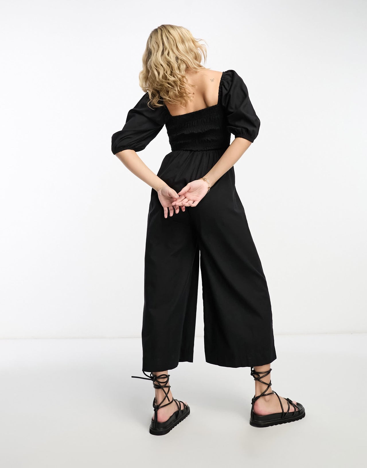 ASOS DESIGN linen look shirred bodice puff sleeve jumpsuit in black
