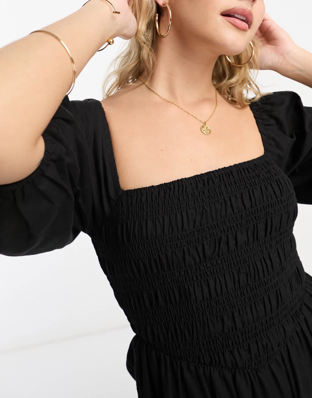 ASOS DESIGN linen look shirred bodice puff sleeve jumpsuit in black