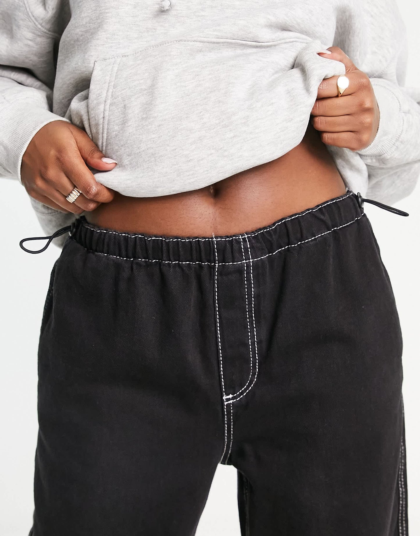 Bershka denim parachute pants with contrast stitch in black