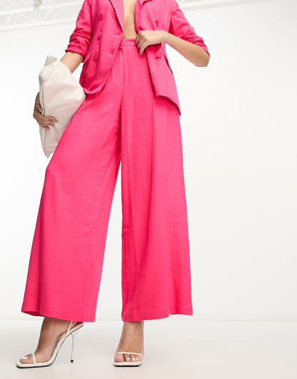ASOS DESIGN wide leg suit trousers with linen in hot pink