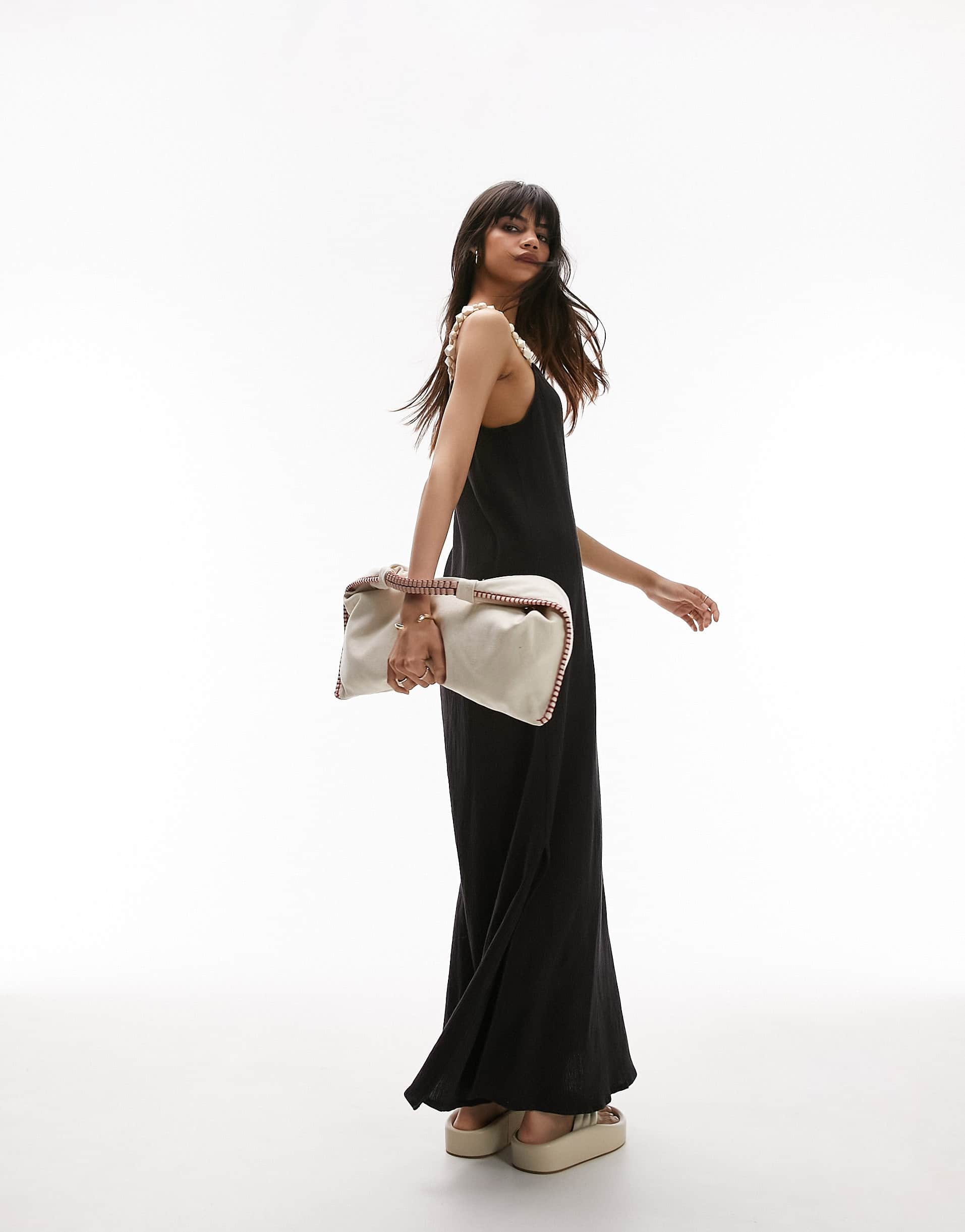 Topshop textured slip dress with beaded straps in black