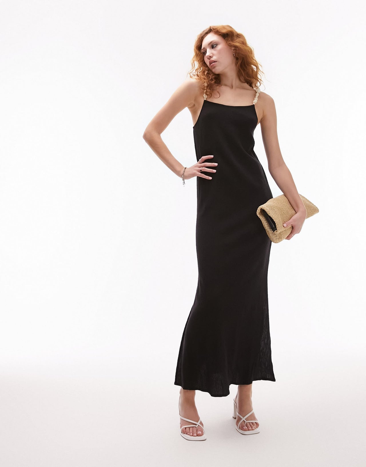 Topshop textured slip dress with beaded straps in black