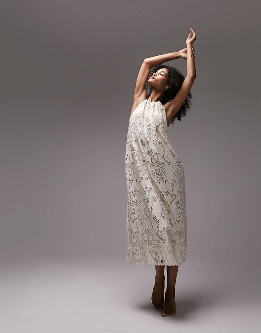 Topshop embroidered tie halter neck midi dress in ivory