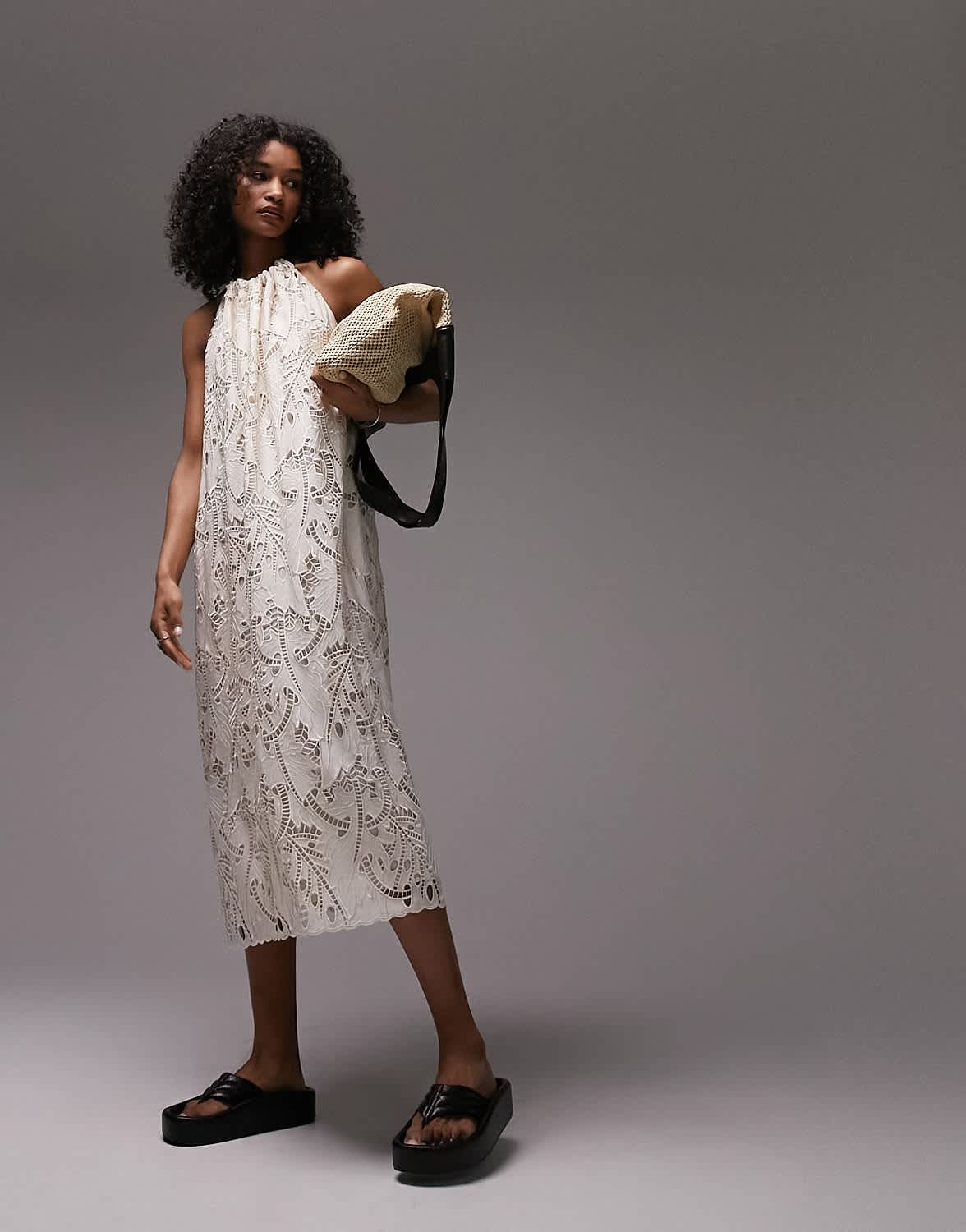 Topshop embroidered tie halter neck midi dress in ivory