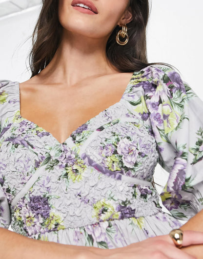 ASOS DESIGN cotton shirred corset midi dress in floral print
