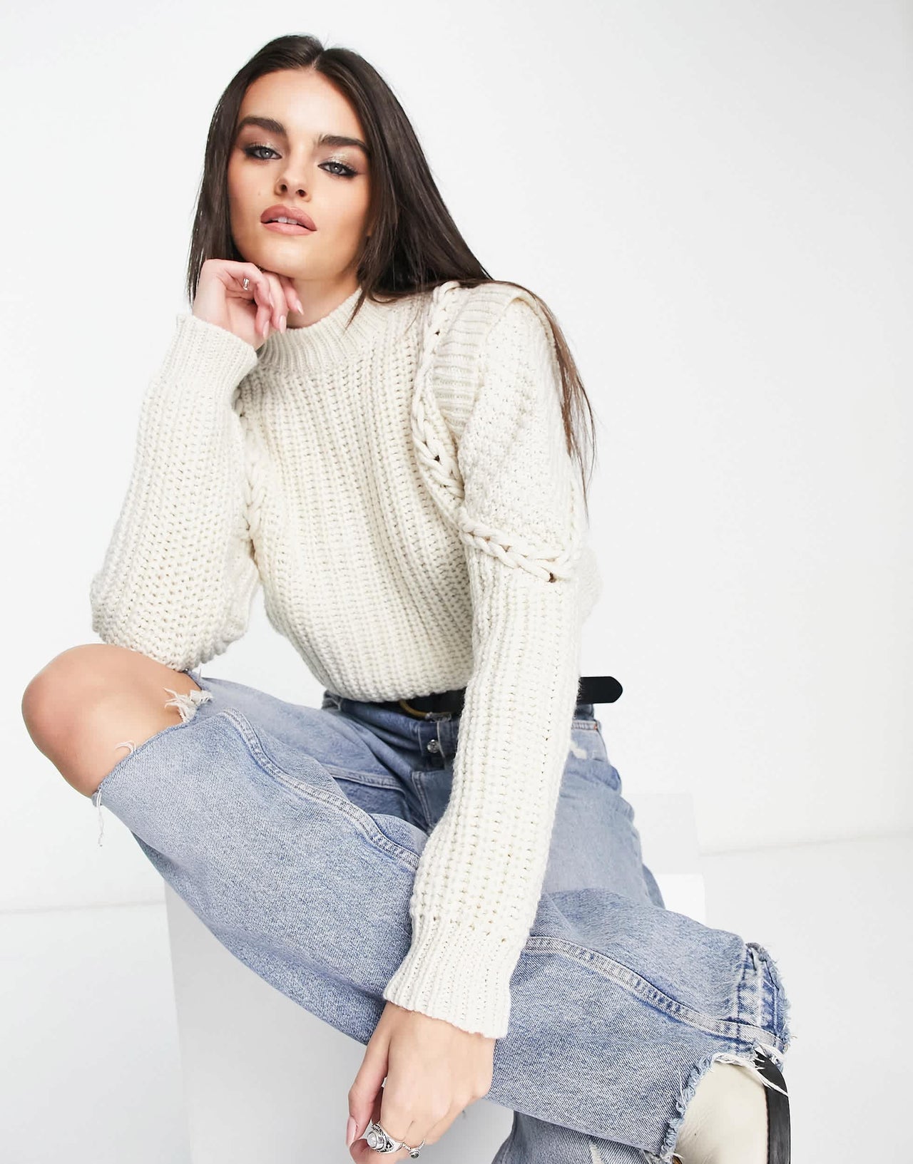 Bershka shoulder detail mixed knit jumper in cream