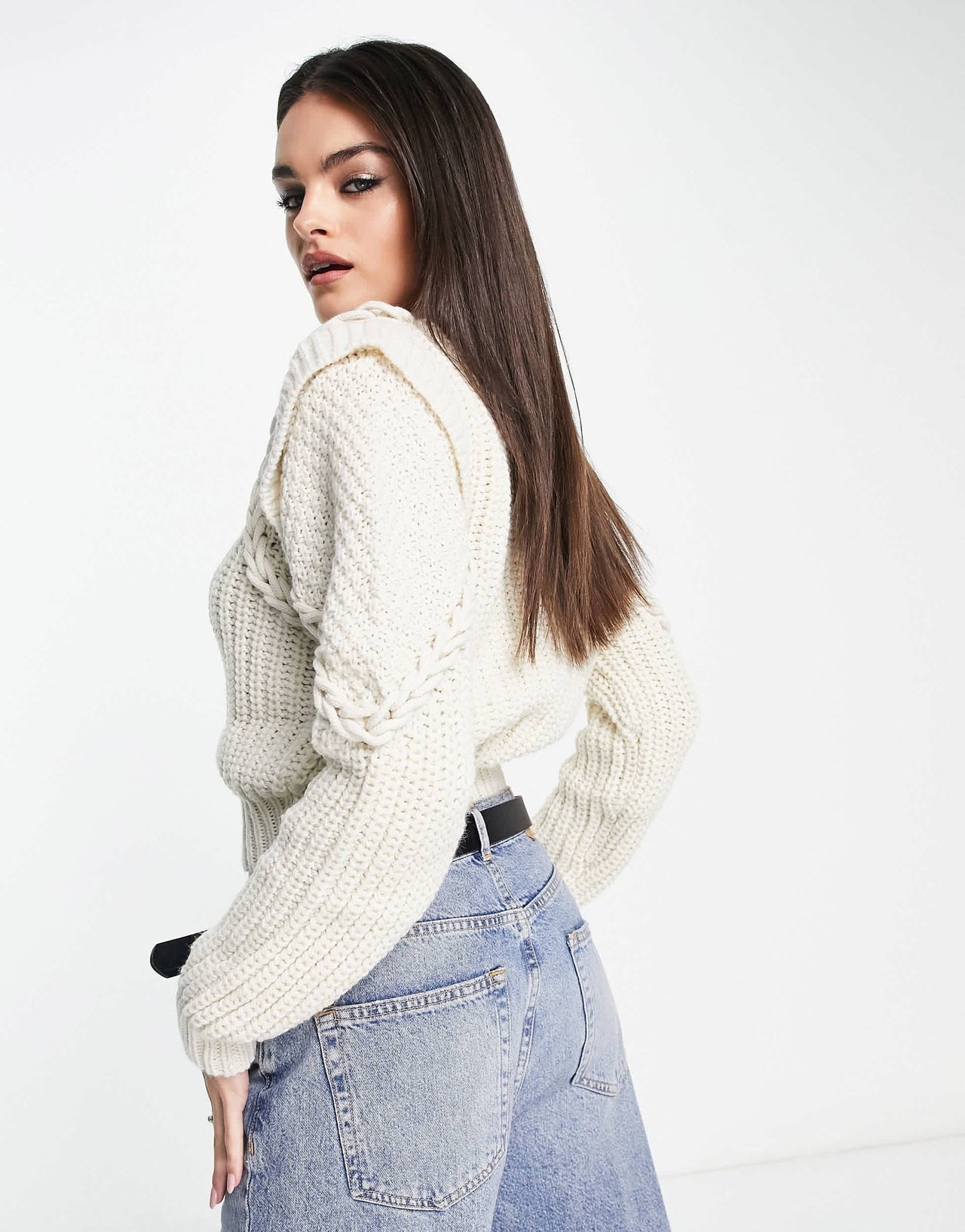 Bershka shoulder detail mixed knit jumper in cream