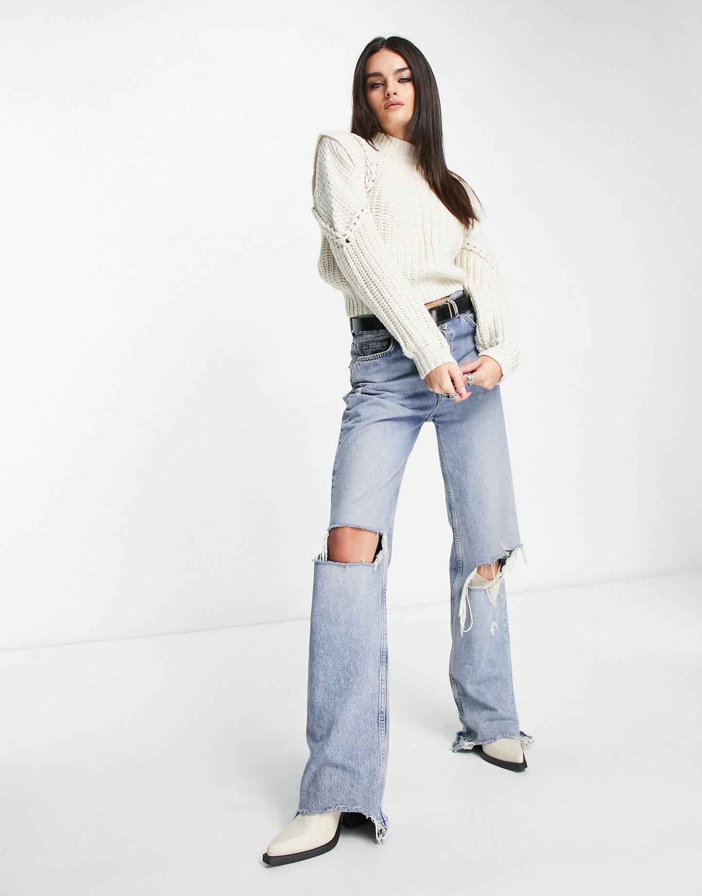 Bershka shoulder detail mixed knit jumper in cream