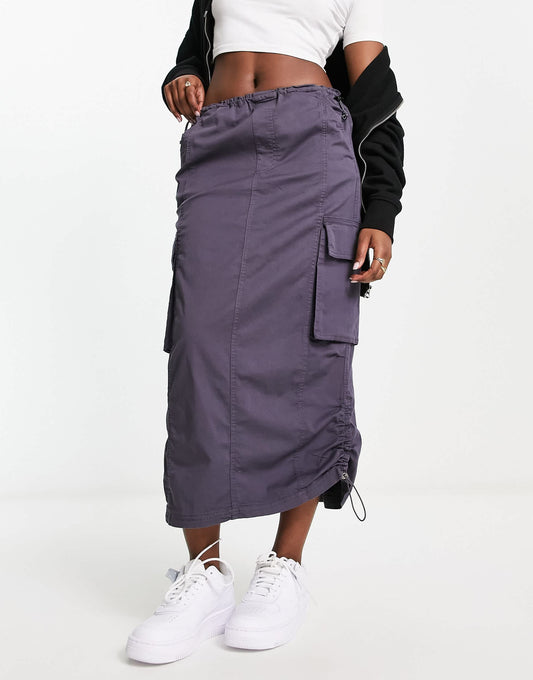 Bershka midi cargo skirt in dark grey