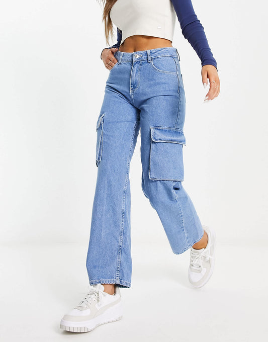 Bershka contrast stitch denim cargo trousers in blue