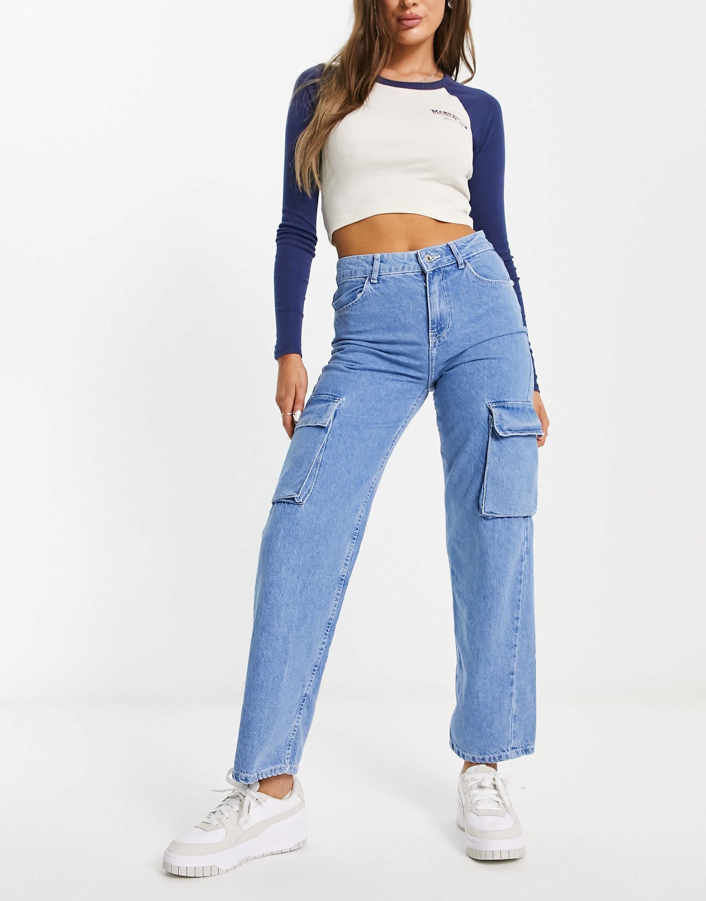 Bershka contrast stitch denim cargo trousers in blue