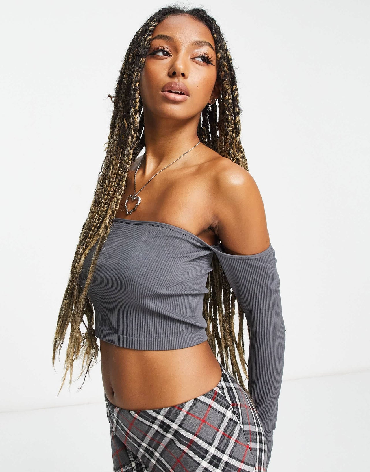 Stradivarius STR seamless off shoulder top in charcoal