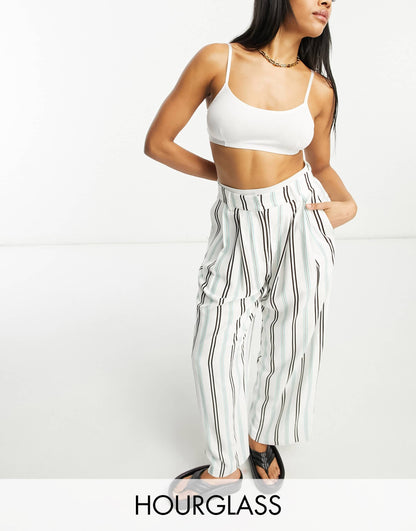 ASOS DESIGN Hourglass striped inverted pleat wide leg trousers with linen in multi