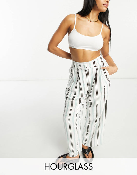 ASOS DESIGN Hourglass striped inverted pleat wide leg trousers with linen in multi