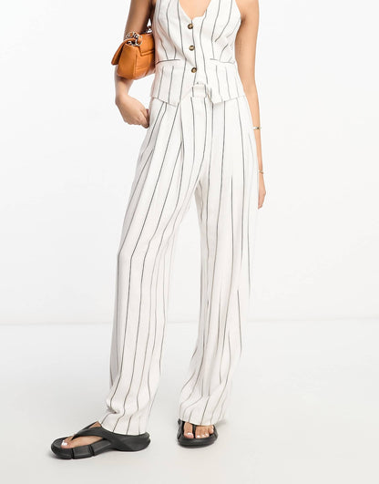 ASOS DESIGN striped inverted pleat wide leg trousers with linen in multi