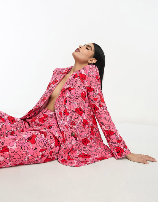 ASOS DESIGN poppy printed oversized double breasted suit blazer with linen in pink