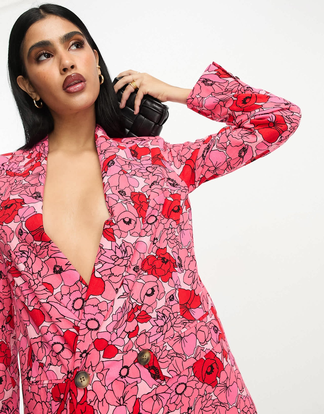 ASOS DESIGN poppy printed oversized double breasted suit blazer with linen in pink