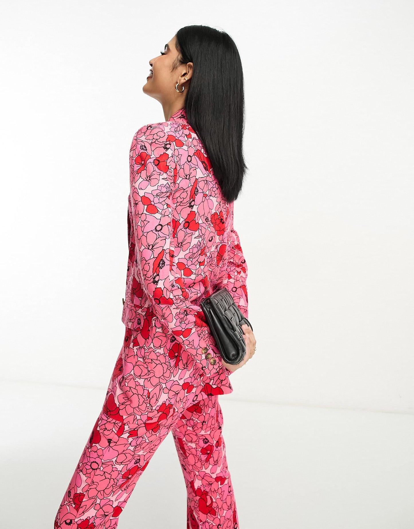 ASOS DESIGN poppy printed oversized double breasted suit blazer with linen in pink