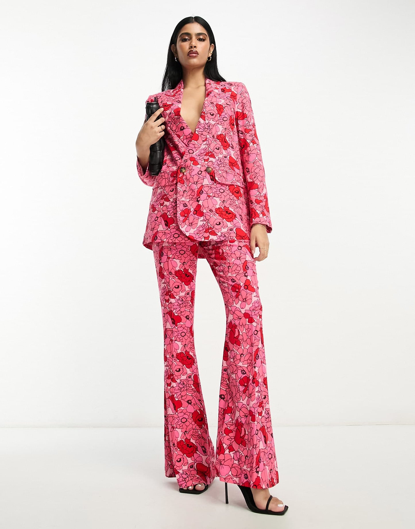 ASOS DESIGN poppy printed oversized double breasted suit blazer with linen in pink