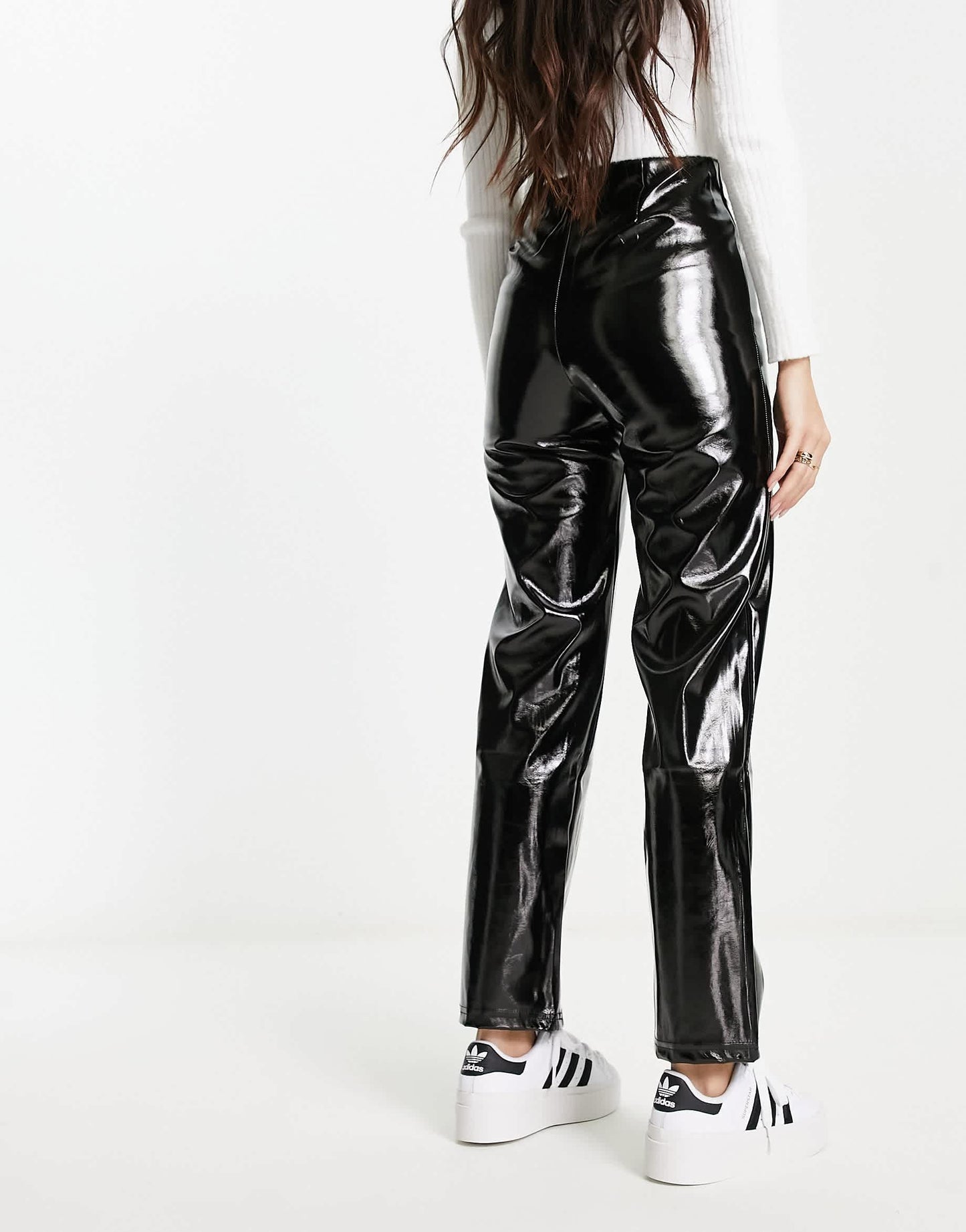 Pull&Bear high waisted straight leg vinyl trouser in black