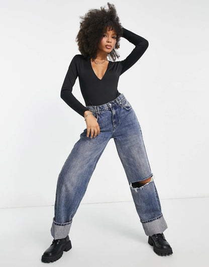 Pull&Bear long sleeve body with front detail in black