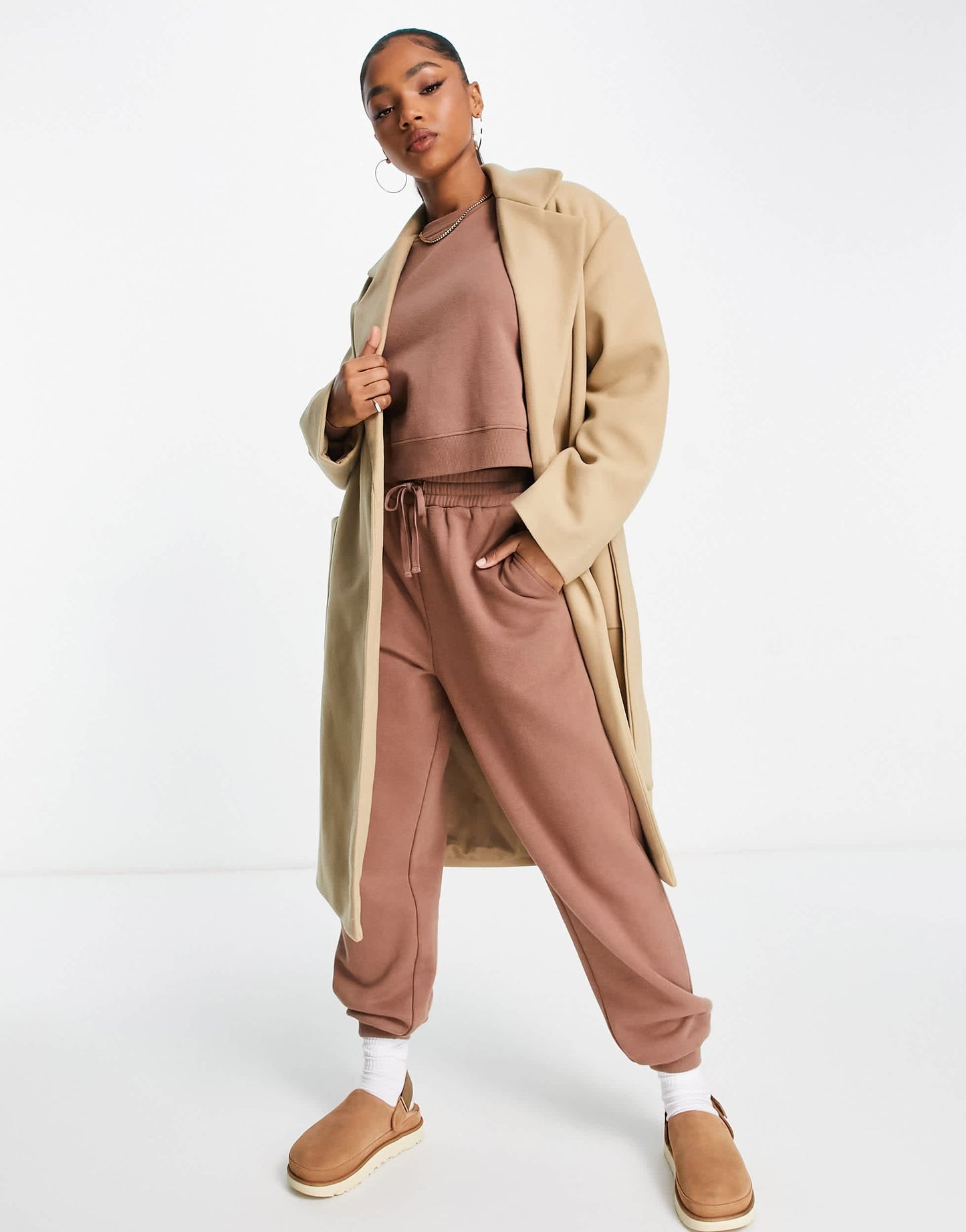 Pull&Bear tie waist double breasted tailored coat in sand