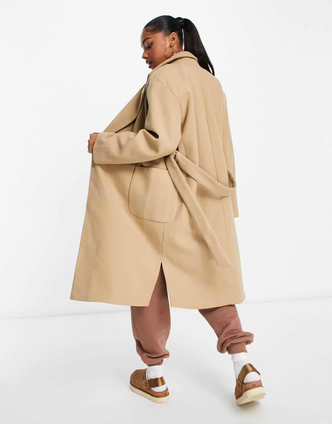 Pull&Bear tie waist double breasted tailored coat in sand