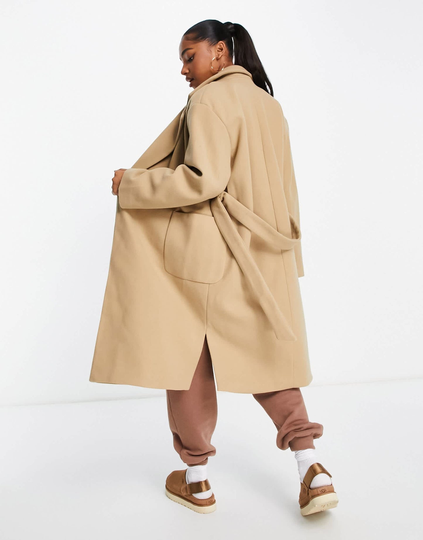 Pull&Bear tie waist double breasted tailored coat in sand