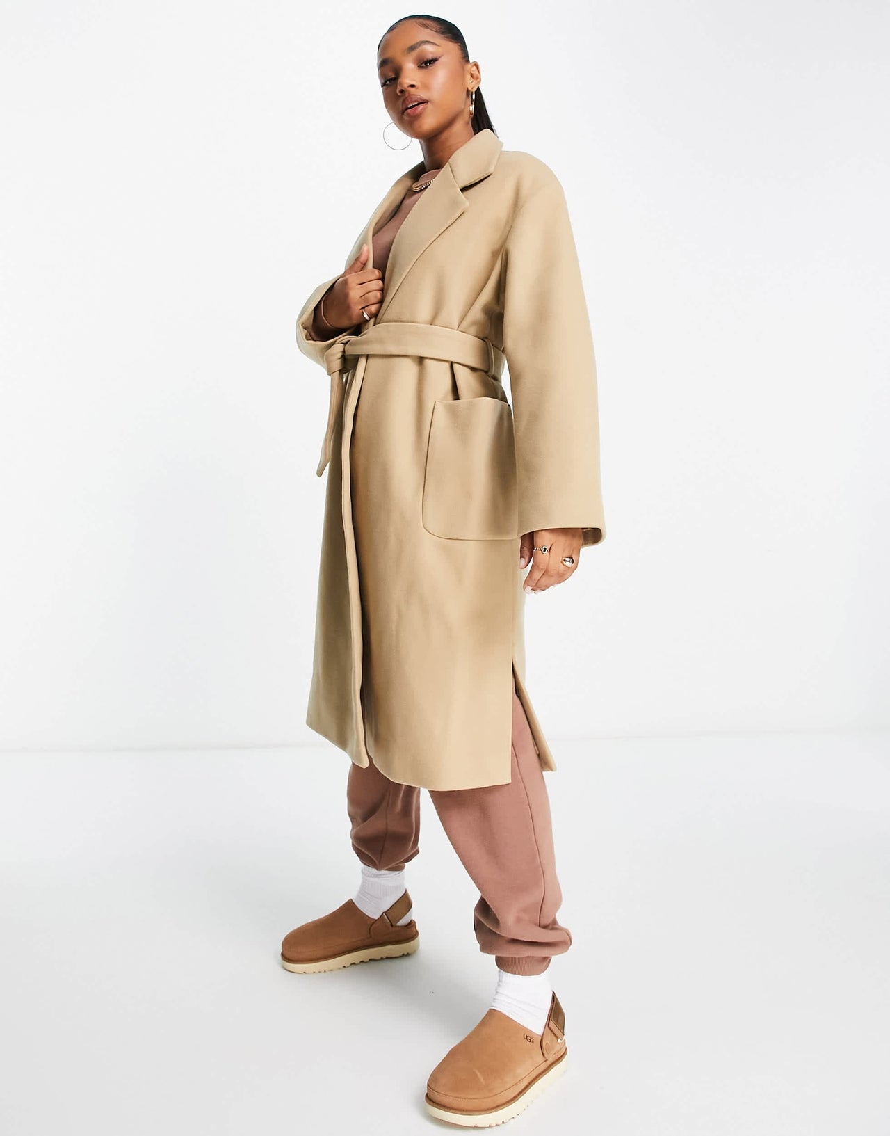 Pull&Bear tie waist double breasted tailored coat in sand