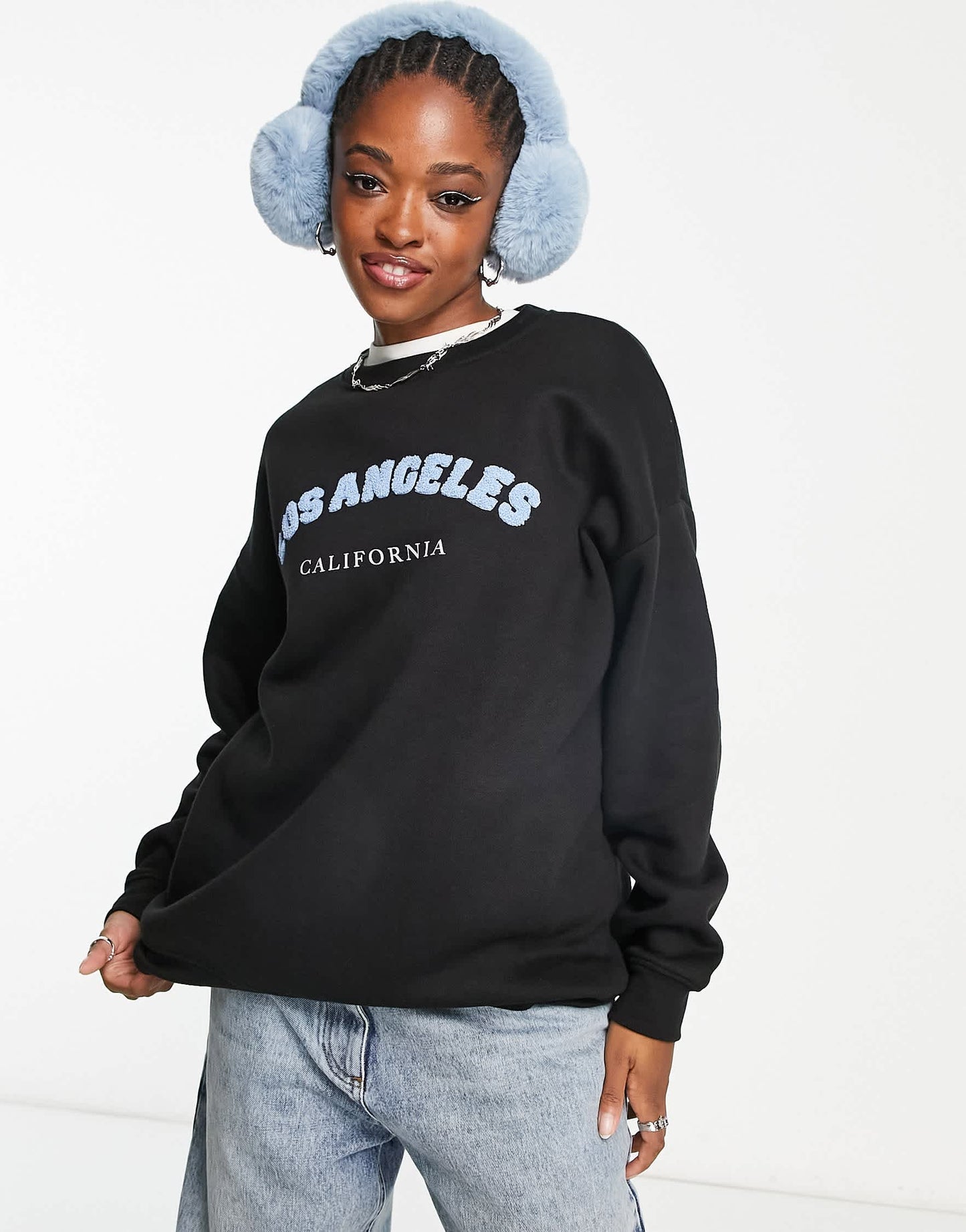 Daisy Street relaxed sweatshirt in washed black with blue LA print