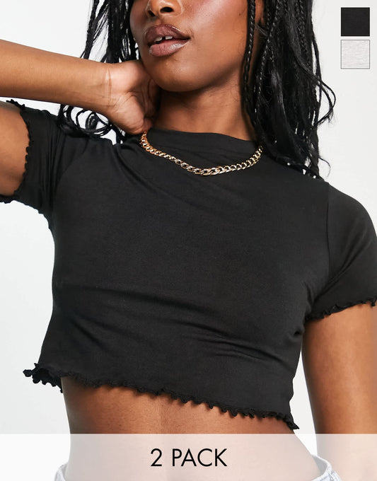 Daisy Street 2 pack jersey crop t-shirt with lettuce hem in grey and black