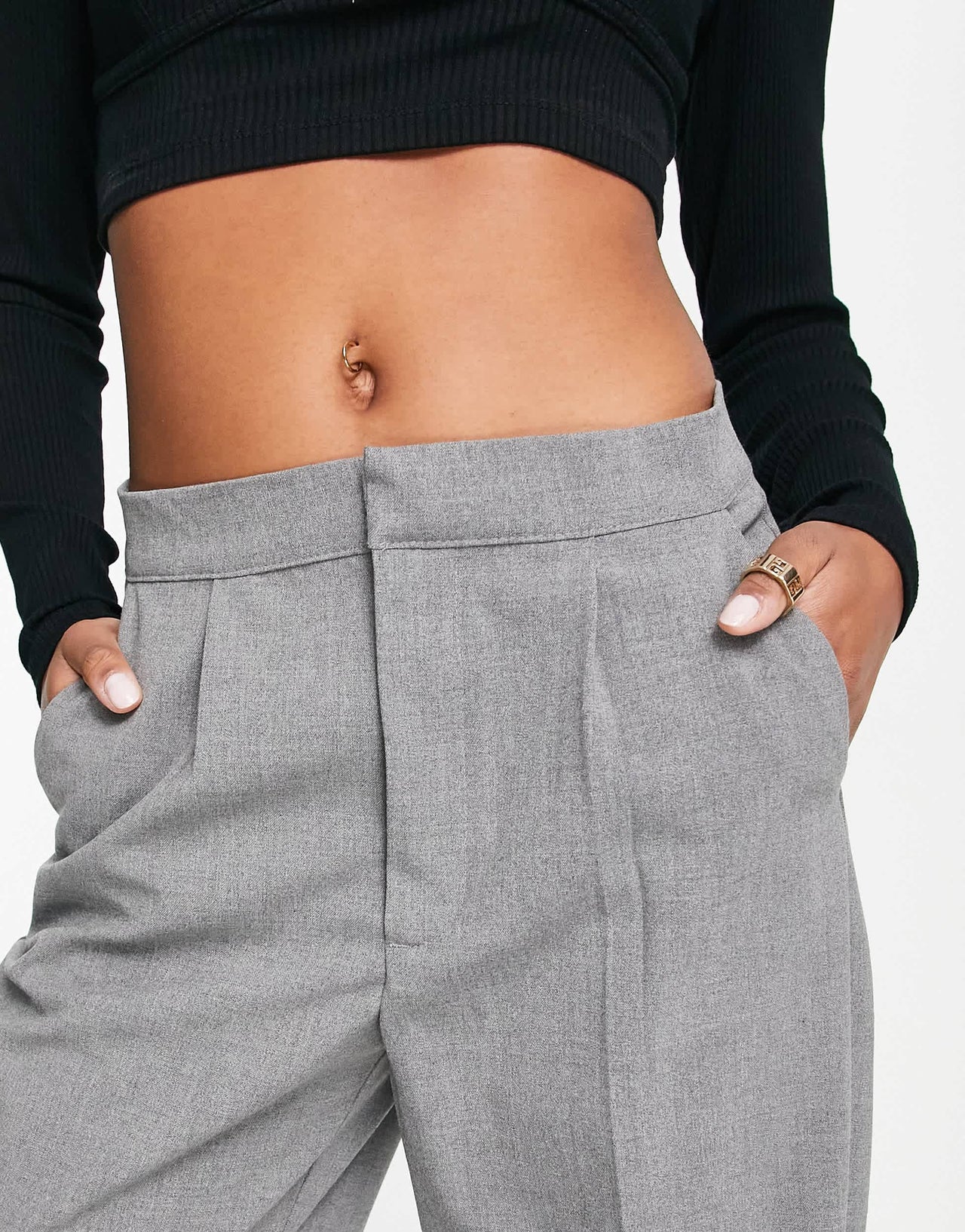 Pull&Bear darted mid waisted tailored trouser in grey