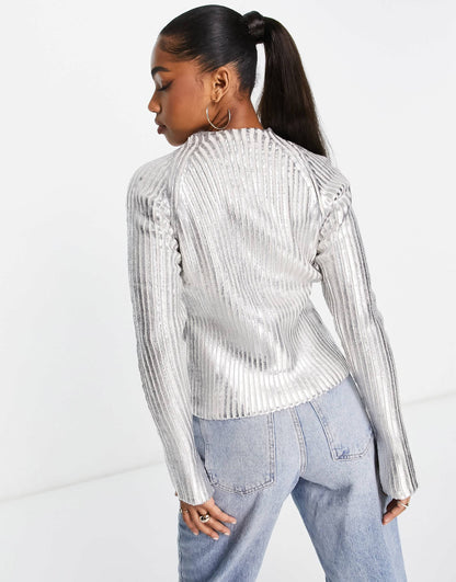 Pull&Bear foil long sleeve knitted jumper in silver