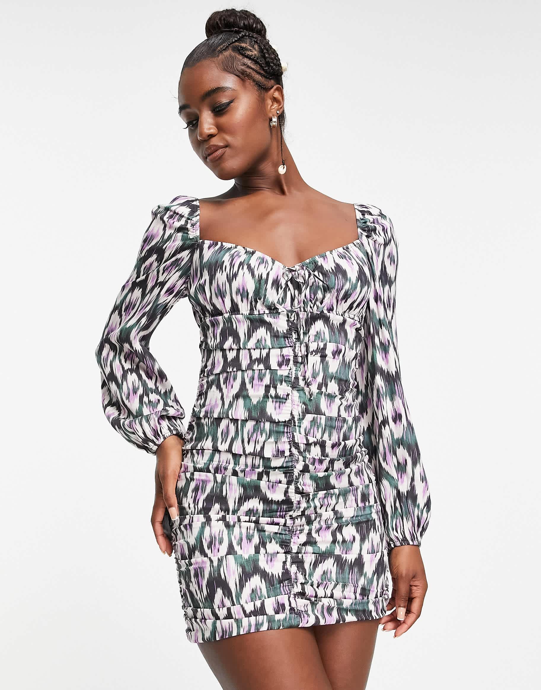 Pull&Bear long sleeve printed mini dress with ruched detail in pink