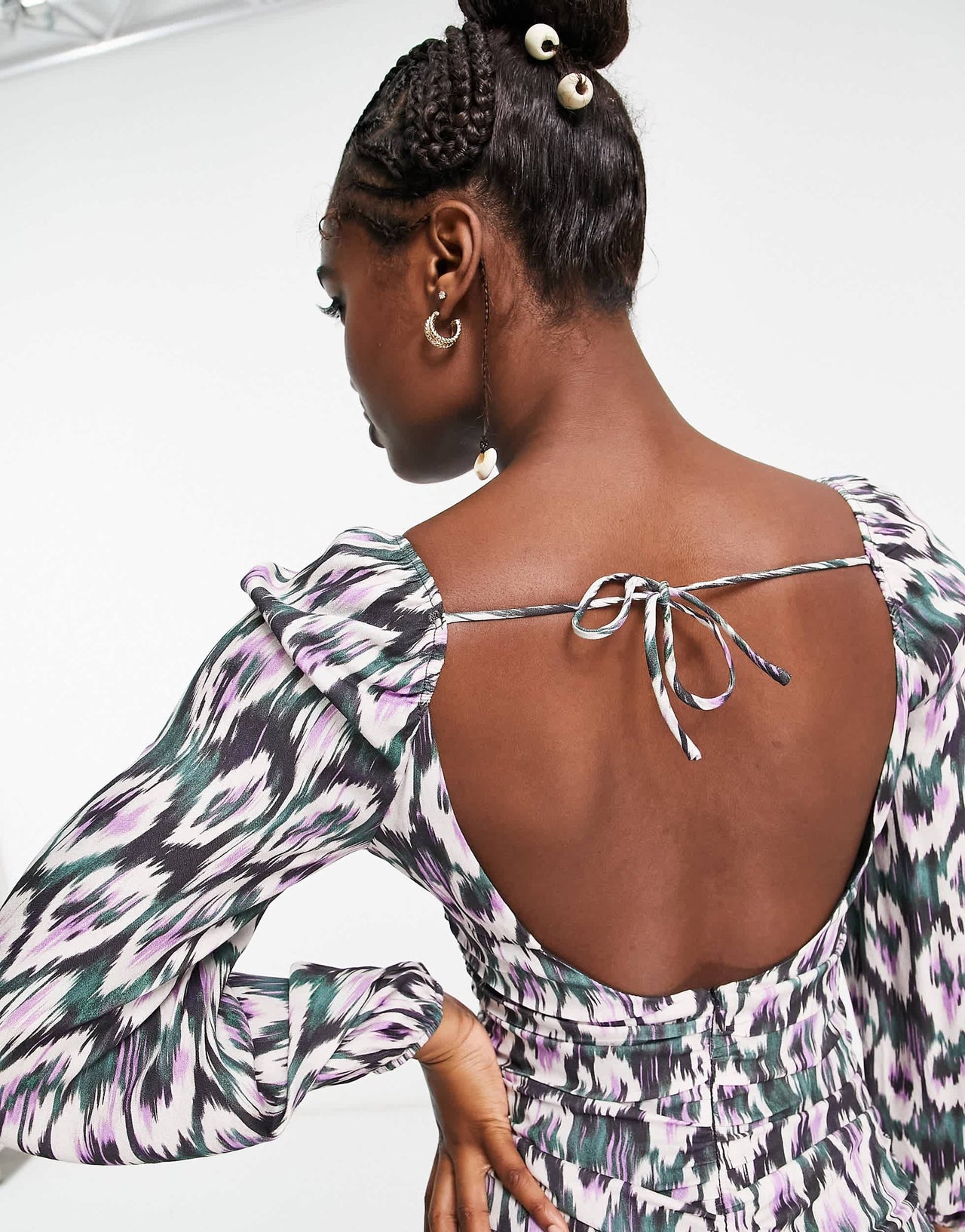 Pull&Bear long sleeve printed mini dress with ruched detail in pink